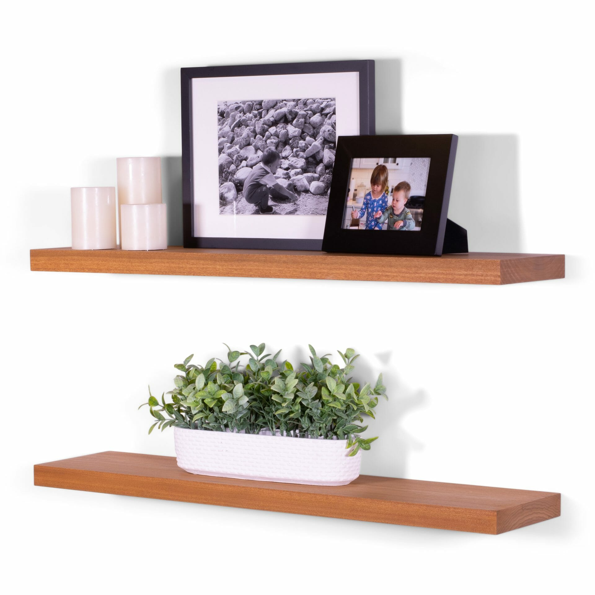 poplar wood floating shelves in colonial light brown color